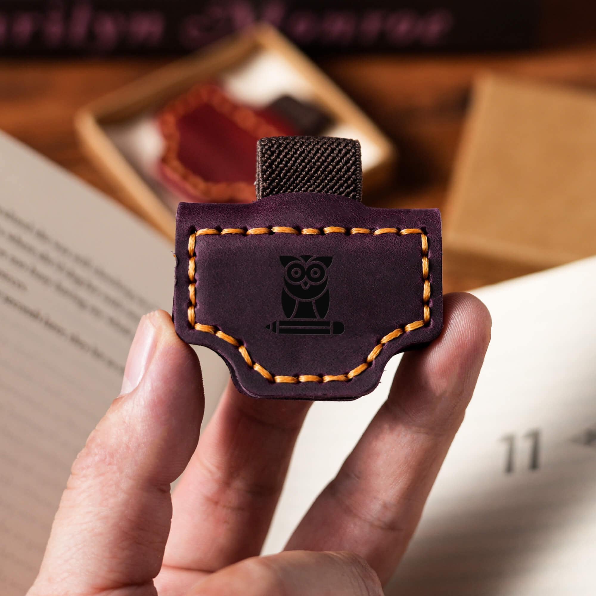 Personalized Leather Magnetic Bookmark: Engraved Pen Holder