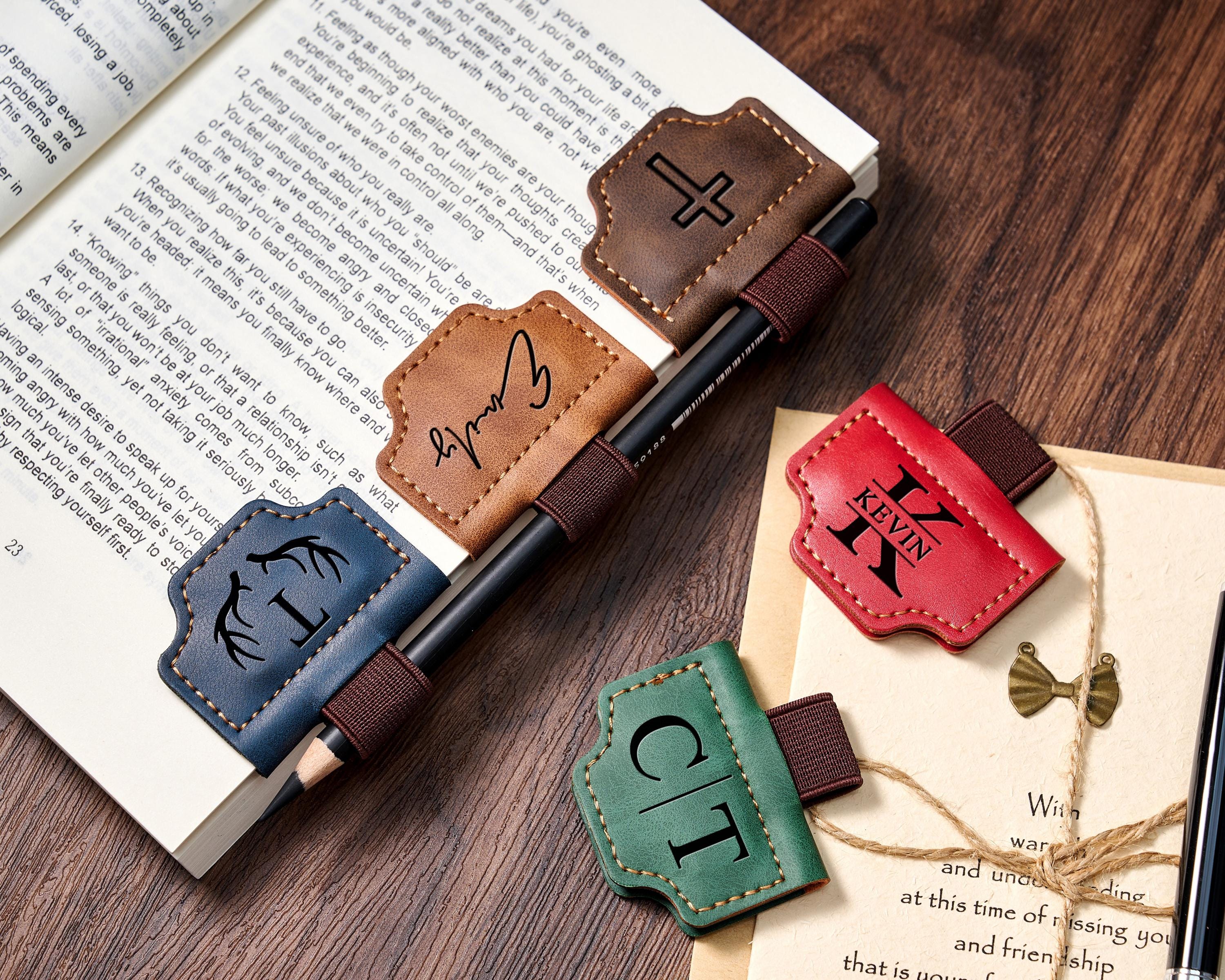 Personalized Leather Magnetic Bookmark: Engraved Pen Holder