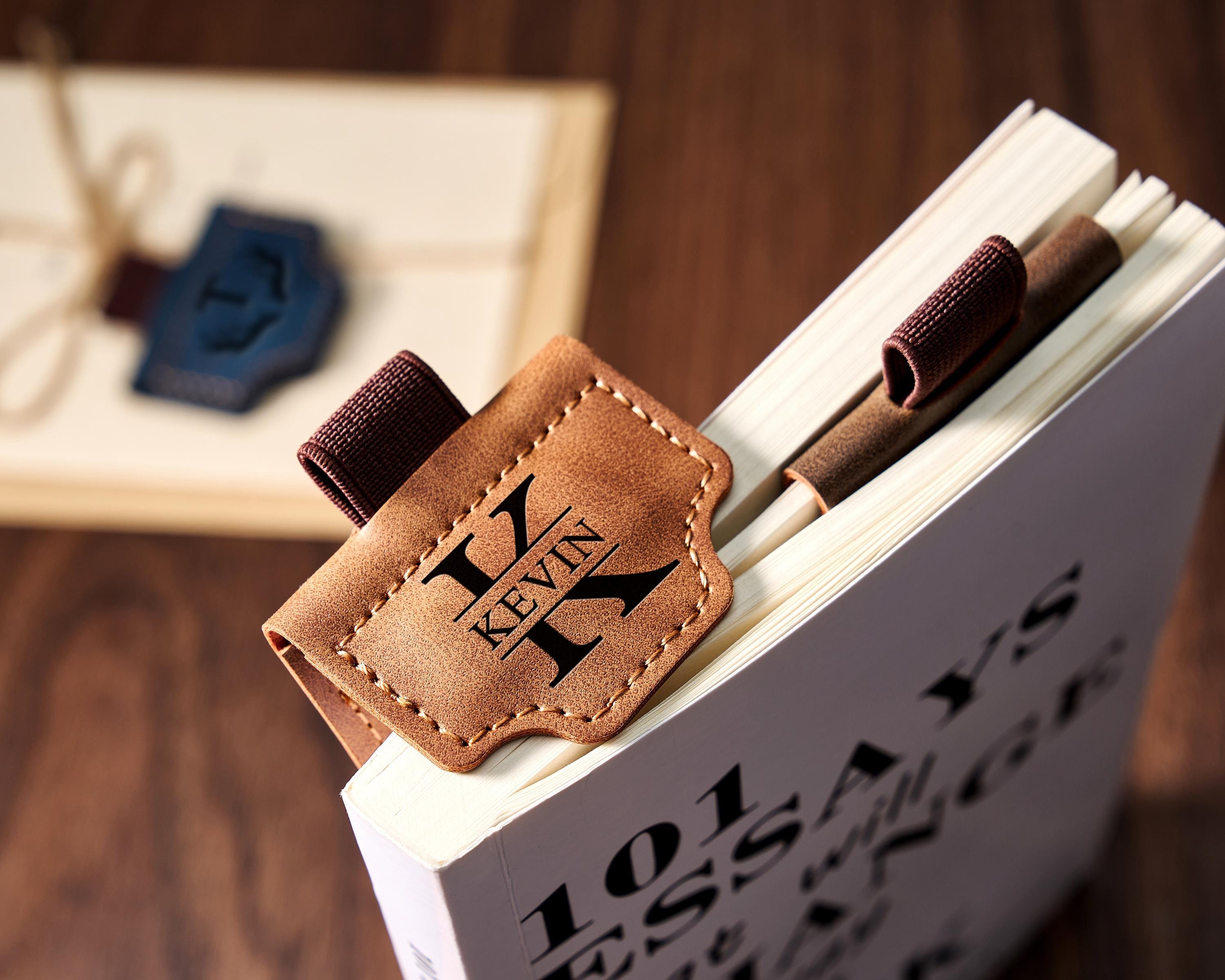 Personalized Leather Magnetic Bookmark: Engraved Pen Holder